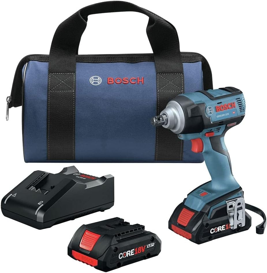 Bosch GDS18V‑221B25‑RT 18V EC Brushless 1/2 inch impact wrench kit displayed with CORE18V batteries, charger, and carrying bag, highlighting high‑torque fastening performance and compact professional‑grade design for automotive and construction applications.