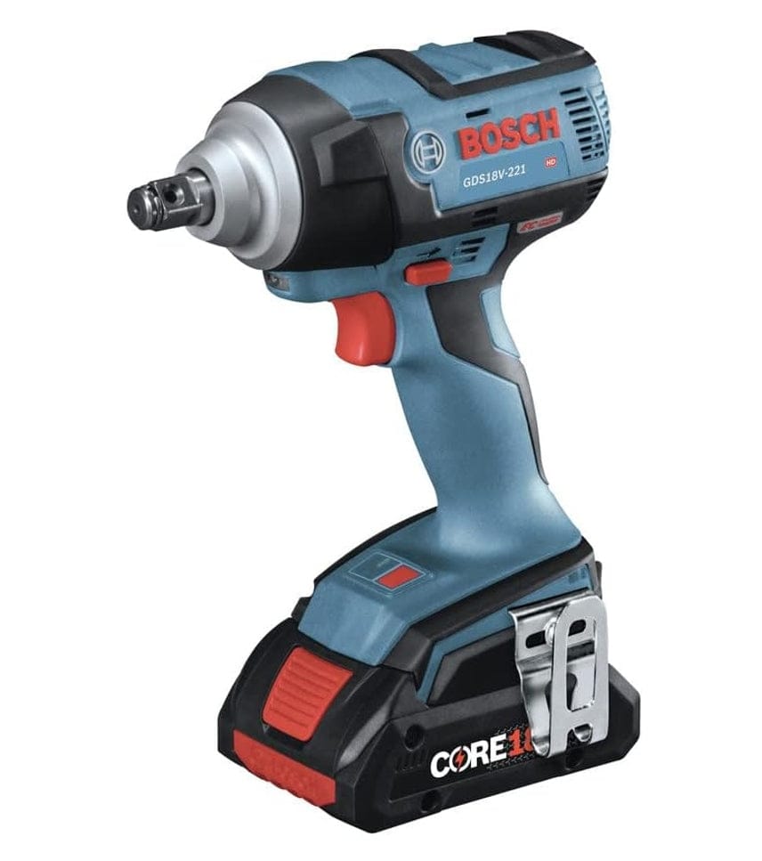 Bosch GDS18V‑221 18V EC Brushless 1/2 inch impact wrench in a standalone product view with CORE18V battery, metal belt clip, and compact ergonomic housing, designed for high‑torque fastening in automotive, mechanical, and construction environments.