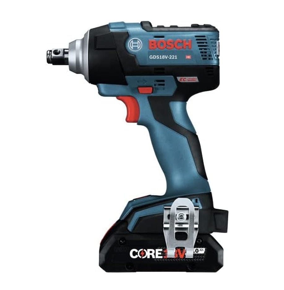 Bosch GDS18V‑221 18V EC Brushless impact wrench with CORE18V 6.3Ah battery shown in a close‑up view, highlighting compact design, high‑torque output, and durable professional‑grade construction for demanding fastening applications.