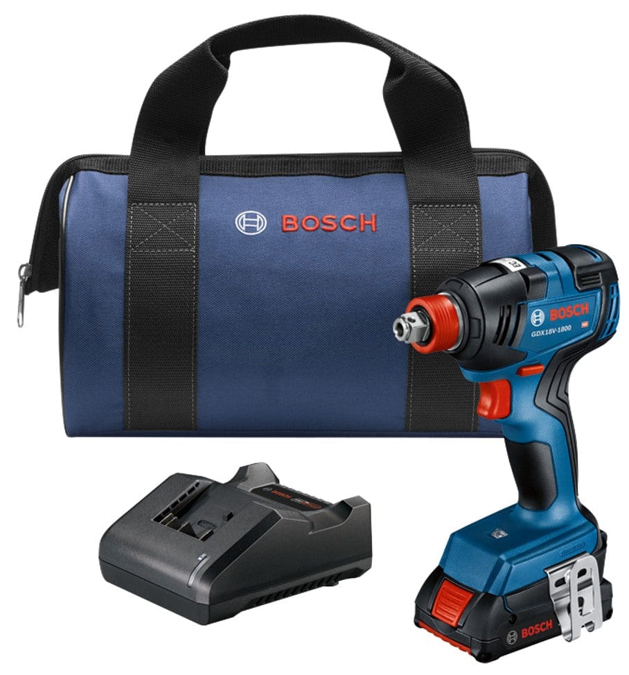 A studio product shot of the complete Bosch 18V two-in-one impact driver/wrench kit, featuring the handheld tool, a 2.0 Ah battery, a battery charger, and a blue and black zippered carrying bag with the Bosch logo.