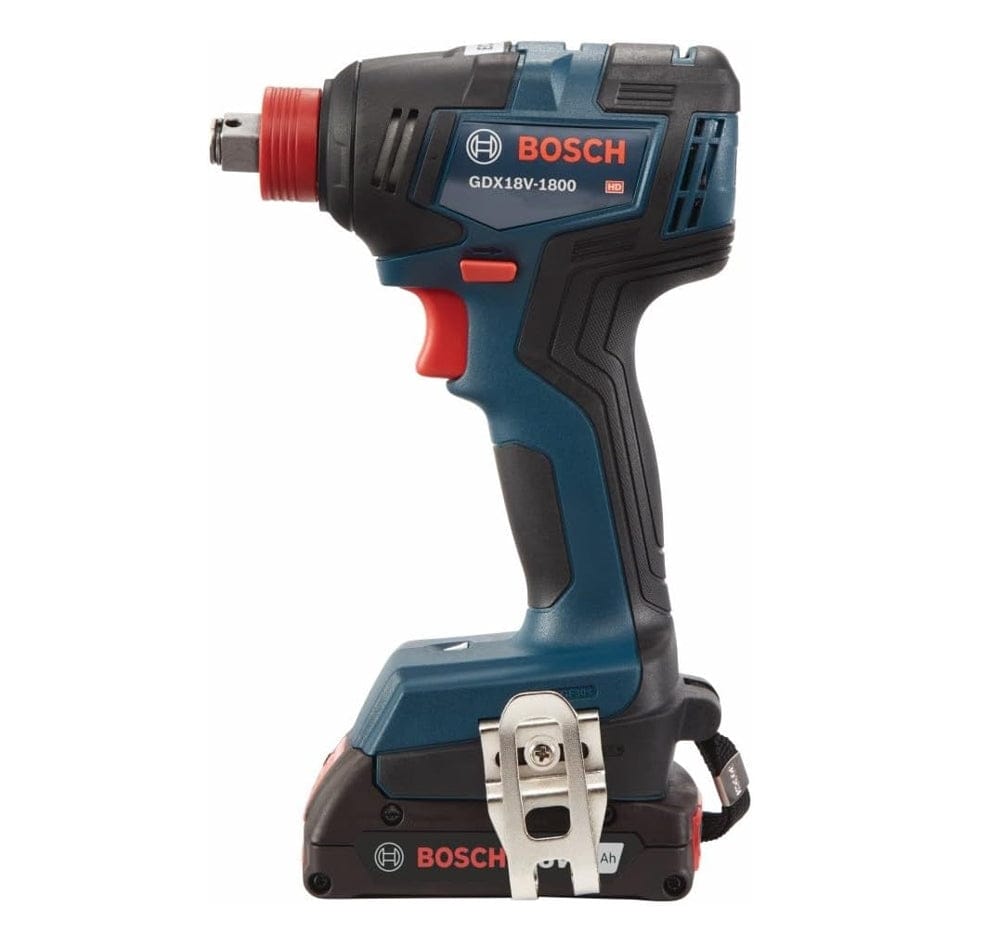 A direct side-profile view of the blue and black Bosch brushless impact driver/wrench standing vertically, showcasing the red trigger, the hybrid anvil with a red collar, and a battery attached to the base with a belt clip on the side.