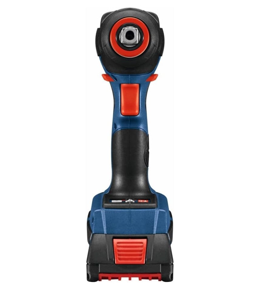 A direct front view of the Bosch impact tool highlighting the two-in-one hybrid anvil design that accepts both 1/4-inch hex bits and 1/2-inch square drive sockets, along with the red trigger button and battery housing.