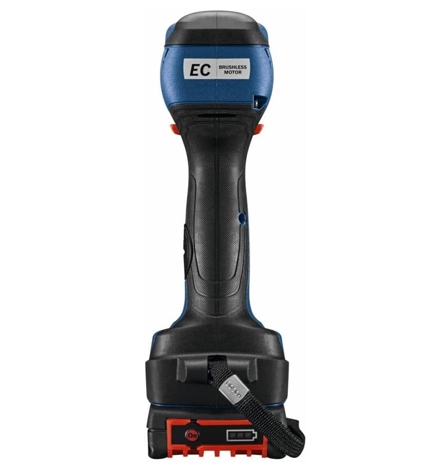 A direct rear view of the impact driver/wrench showcasing the motor housing with brushless motor branding, the ergonomic textured grip, and the battery interface at the bottom.