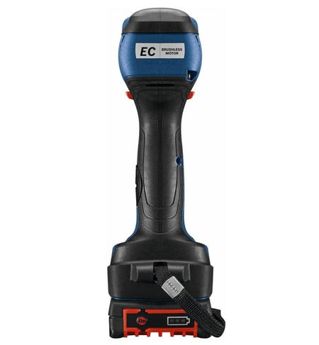 A direct rear view of the impact driver/wrench showcasing the motor housing with brushless motor branding, the ergonomic textured grip, and the battery interface at the bottom.