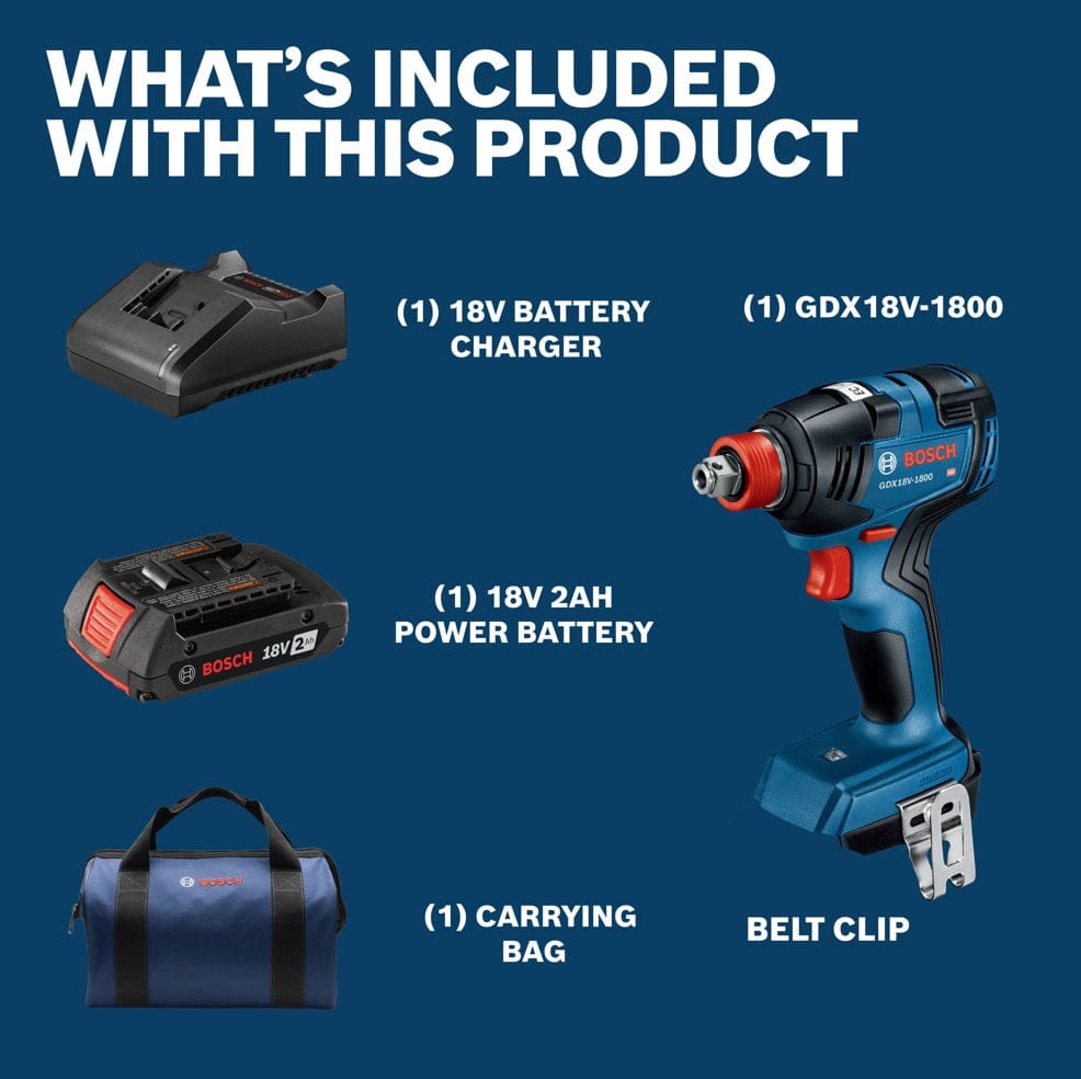 A graphic detailing the items included with this product: one GDX18V-1800 tool, one 18V battery charger, one 18V 2.0 Ah power battery, one zippered carrying bag, and one belt clip.