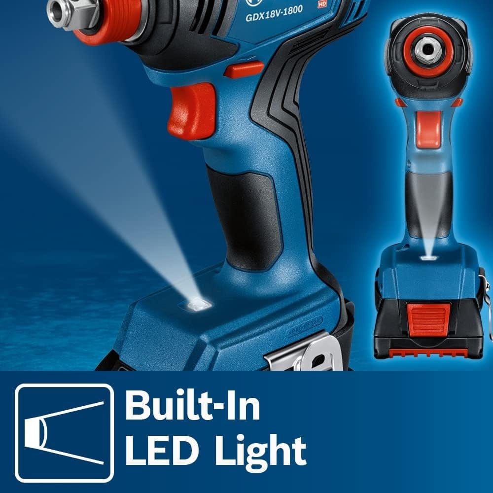 A composite shot highlighting the built-in LED light located at the base of the tool, showing how it casts a bright beam of light upward to illuminate the anvil and the workspace.