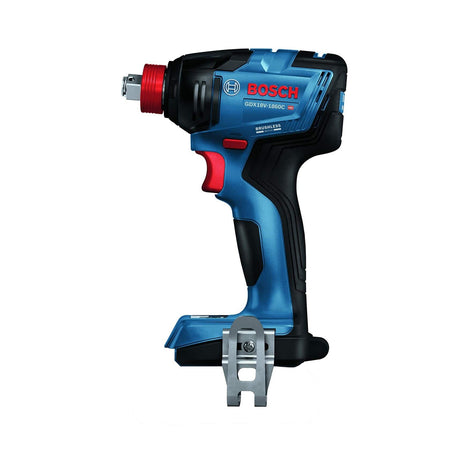 Side profile of the Bosch GDX18V-1860CN impact driver/wrench (bare tool), showing the attached belt clip, red accents, and the two-in-one drive head.