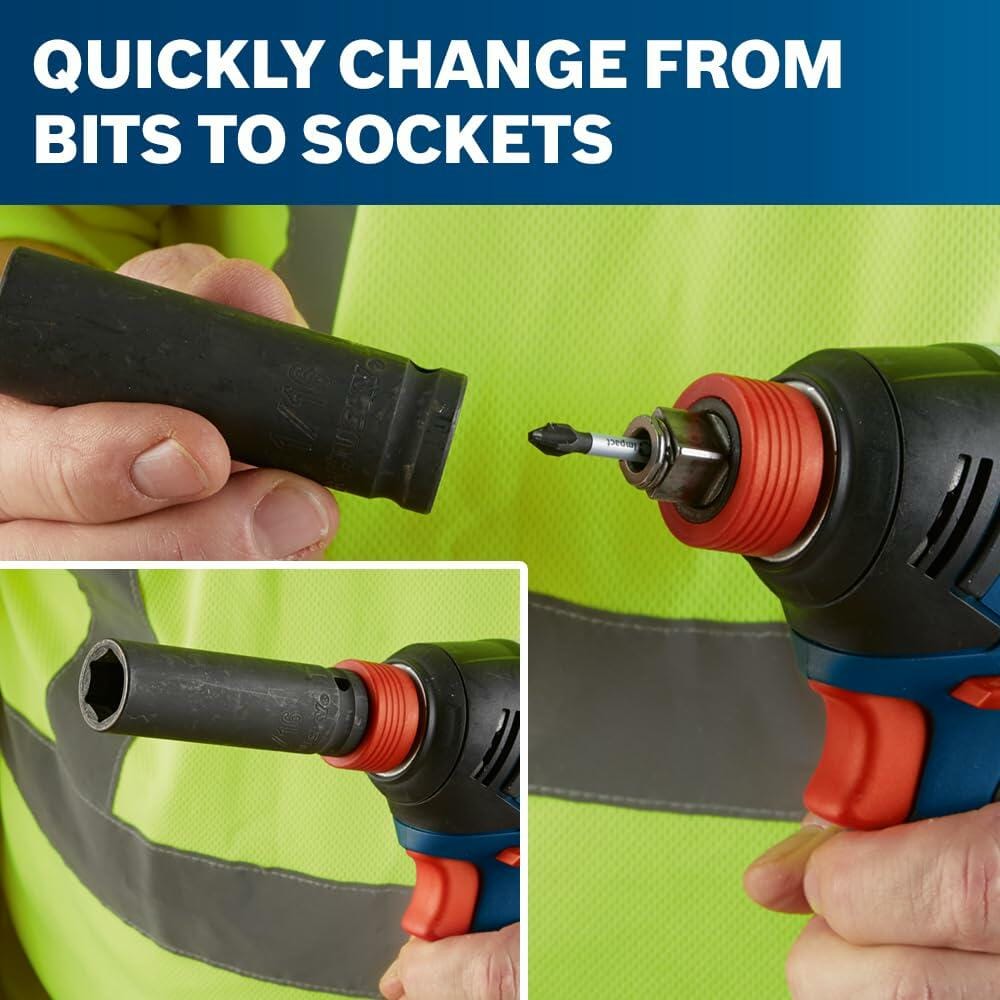 Composite image detailing the Bosch GDX18V-1860CN's two-in-one drive: the top image shows a screwdriver bit inserted into the 1/4 inch hex chuck, and the bottom image shows a 1/2 inch socket fitting over the hex chuck assembly. Text reads: QUICKLY CHANGE FROM BITS TO SOCKETS.