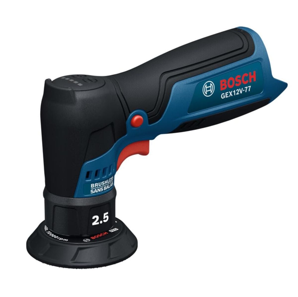 A side-angle profile shot of the standalone Bosch GEX12V-77N 12V Max Cordless 3-Inch Random Orbital Sander isolated against a white background. This compact handheld auto detailing buffer features an ergonomic blue and black rubberized barrel grip handle, a red variable-speed trigger switch, an internal brushless motor indicator, and a bottom backing plate configured for small spot paint repair.