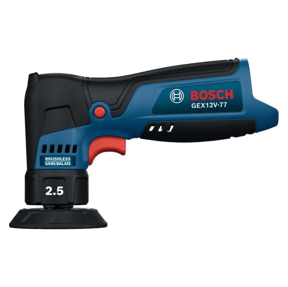 A side-view profile catalog shot of the Bosch GEX12V-77N cordless handheld car scratch sander. Pictured from the side against a white backdrop, the tool showcases its compact housing layout, five-stage battery status LED panel on the upper motor casing, soft rubber overmold grip textures, and a distinct red trigger mechanism for precision speed control.
