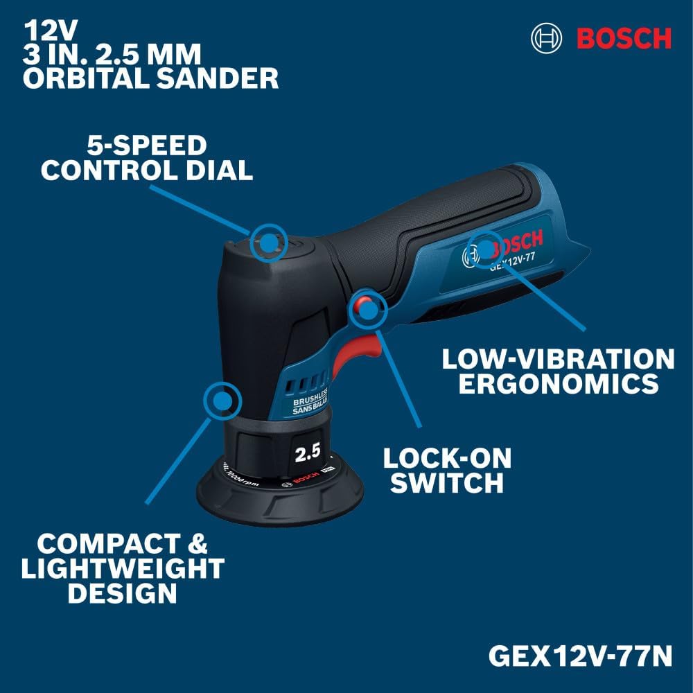 Bosch GEX12V-77N product feature layout diagram engineered for search engine algorithms. Set against a solid dark blue background, pointer line indicators highlight specific tool advantages, labeling the 5-speed control dial, trigger lock-on switch, low-vibration ergonomics, and compact lightweight design on this 12V 3-inch 2.5 mm orbital sander.