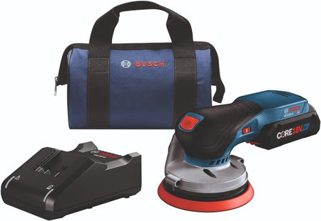 A complete Bosch GEX18V-5B15-RT 18V brushless 5-inch random orbit sander kit featuring a reconditioned palm-grip sander, a CORE18V 4 Ah advanced power battery, an 18V charger, and a blue contractor carrying bag.