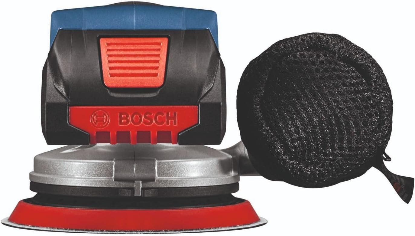 A rear view of the Bosch 18V brushless sander highlighting the battery mounting port and the attached mobile dust collection bag for a clean jobsite environment.