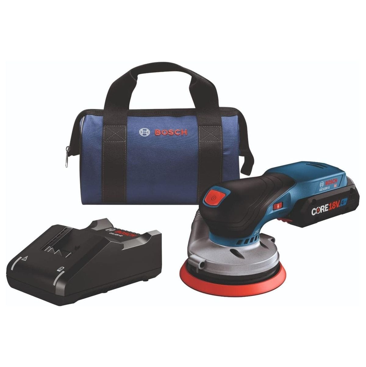 Studio shot of the Bosch 18V sander kit including the tool with battery attached, a battery charger, and a blue canvas carrying bag.