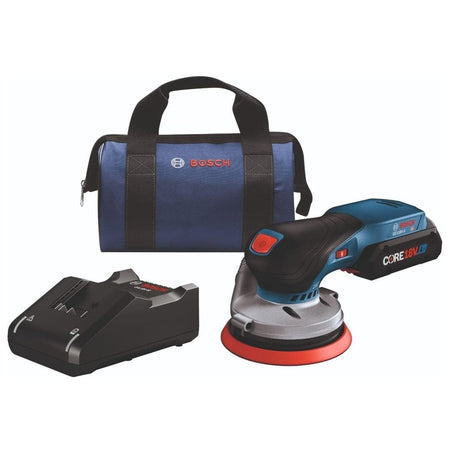 Studio shot of the Bosch 18V sander kit including the tool with battery attached, a battery charger, and a blue canvas carrying bag.