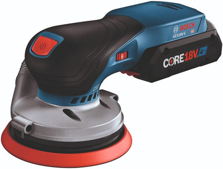 Angled front view of the cordless sander showing the textured rubber palm grip, attached 18V battery, and the red sanding pad base.