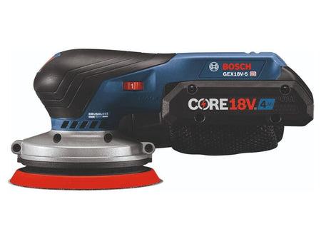 Side profile view of the sander showing the attached dust collection bag, Core18V battery, and the red variable speed dial.