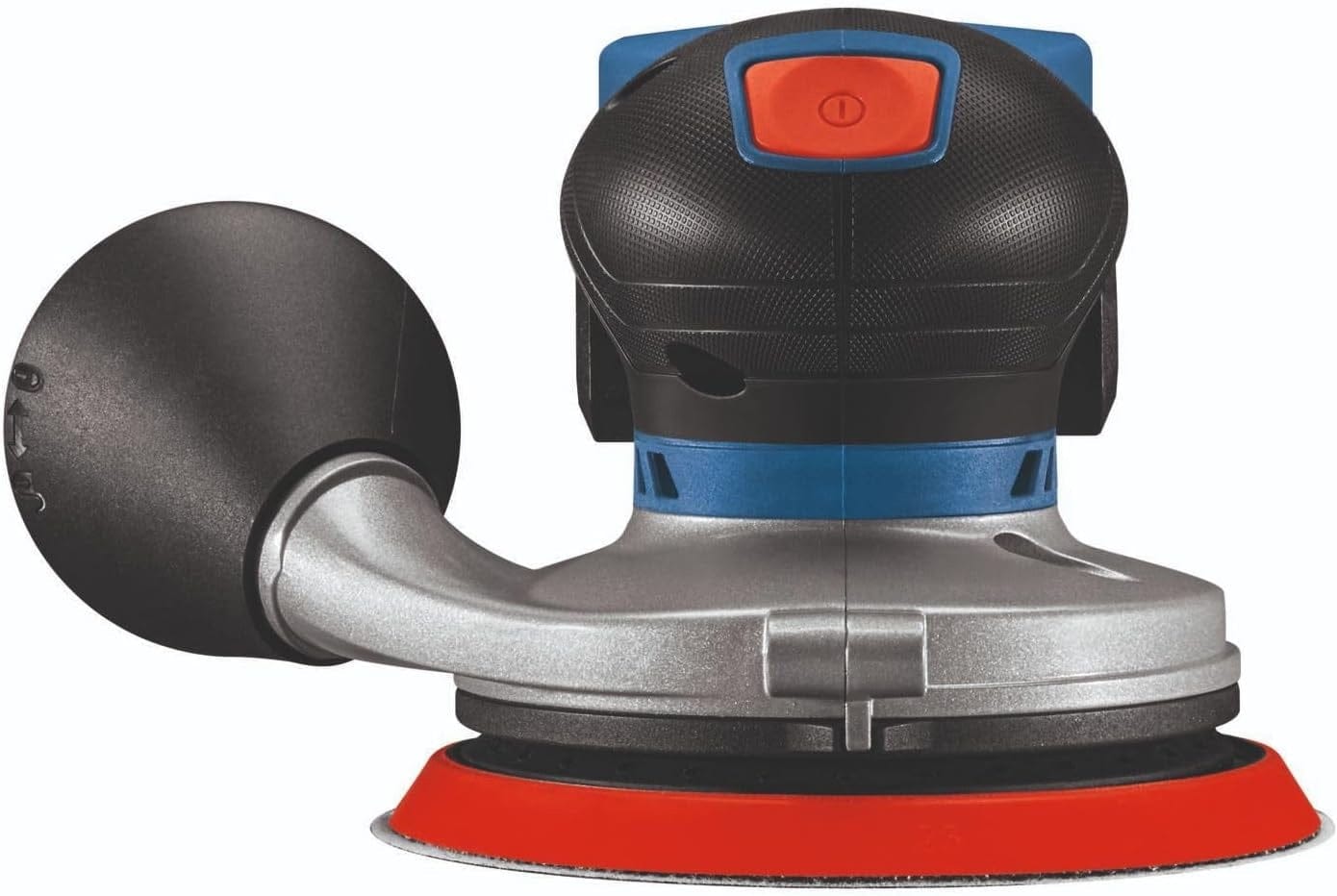 Front view of the sander highlighting the red power button on the ergonomic grip and the curved dust extraction port.