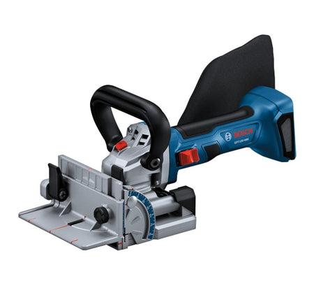 An angled studio view of the Bosch GFF18V-086 cordless biscuit joiner with its black dust bag, highlighting the adjustable metal fence and ergonomic D-style auxiliary handle.