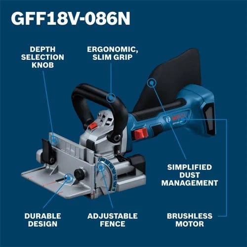 A technical product diagram of the Bosch GFF18V-086 cordless biscuit joiner with callouts for several key features, including the depth selection knob, ergonomic slim grip, simplified dust management, brushless motor, adjustable fence, and durable design.