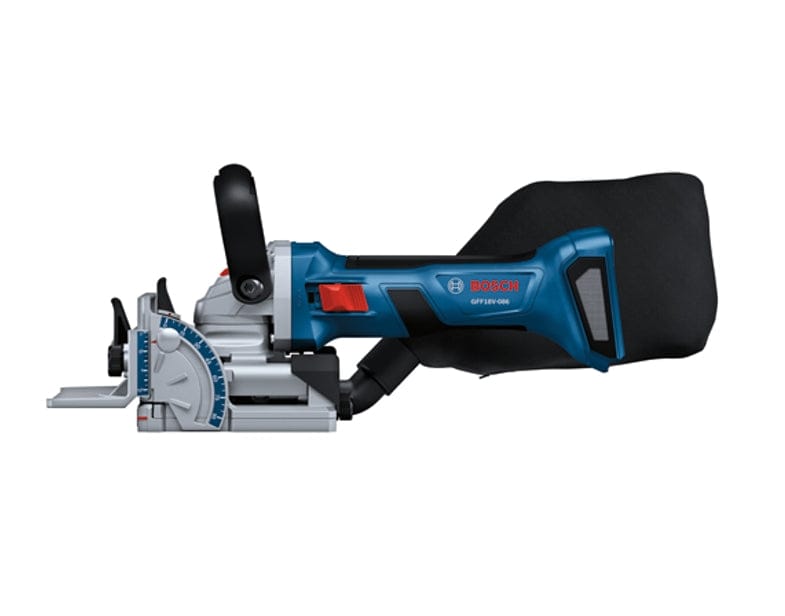 A side-profile studio view of the blue and black Bosch 18V biscuit joiner featuring a large black dust bag attached to the rear dust port and a red power switch on the body.