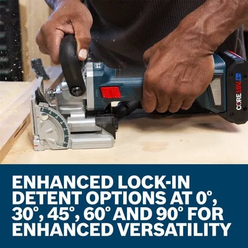 An action shot of an operator using the Bosch biscuit joiner on a wood workpiece, with overlaid text highlighting enhanced lock-in detent options at 0, 30, 45, 60, and 90 degrees for versatility.