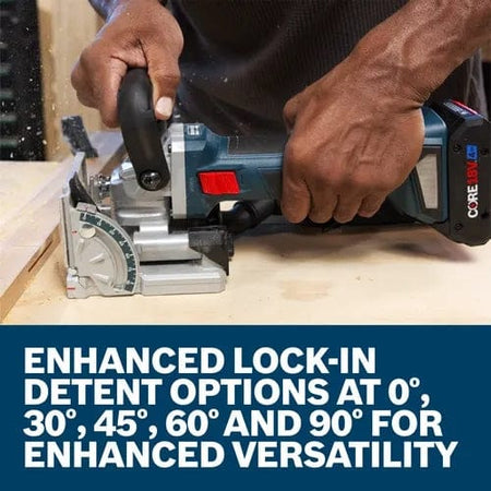 An action shot of an operator using the Bosch biscuit joiner on a wood workpiece, with overlaid text highlighting enhanced lock-in detent options at 0, 30, 45, 60, and 90 degrees for versatility.