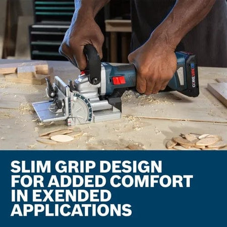 An operator in a workshop uses the Bosch cordless biscuit joiner on a light-colored wood surface, with overlaid text emphasizing the slim grip design for added comfort in extended applications.