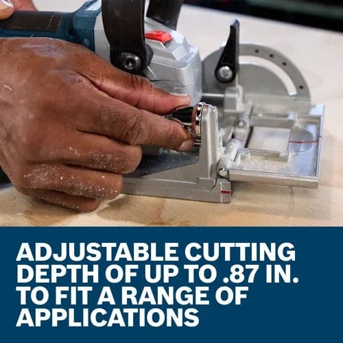 A close-up view showing a hand adjusting the cutting depth setting on the Bosch biscuit joiner, with overlaid text stating the tool has an adjustable cutting depth of up to .87 inches to fit a range of applications.