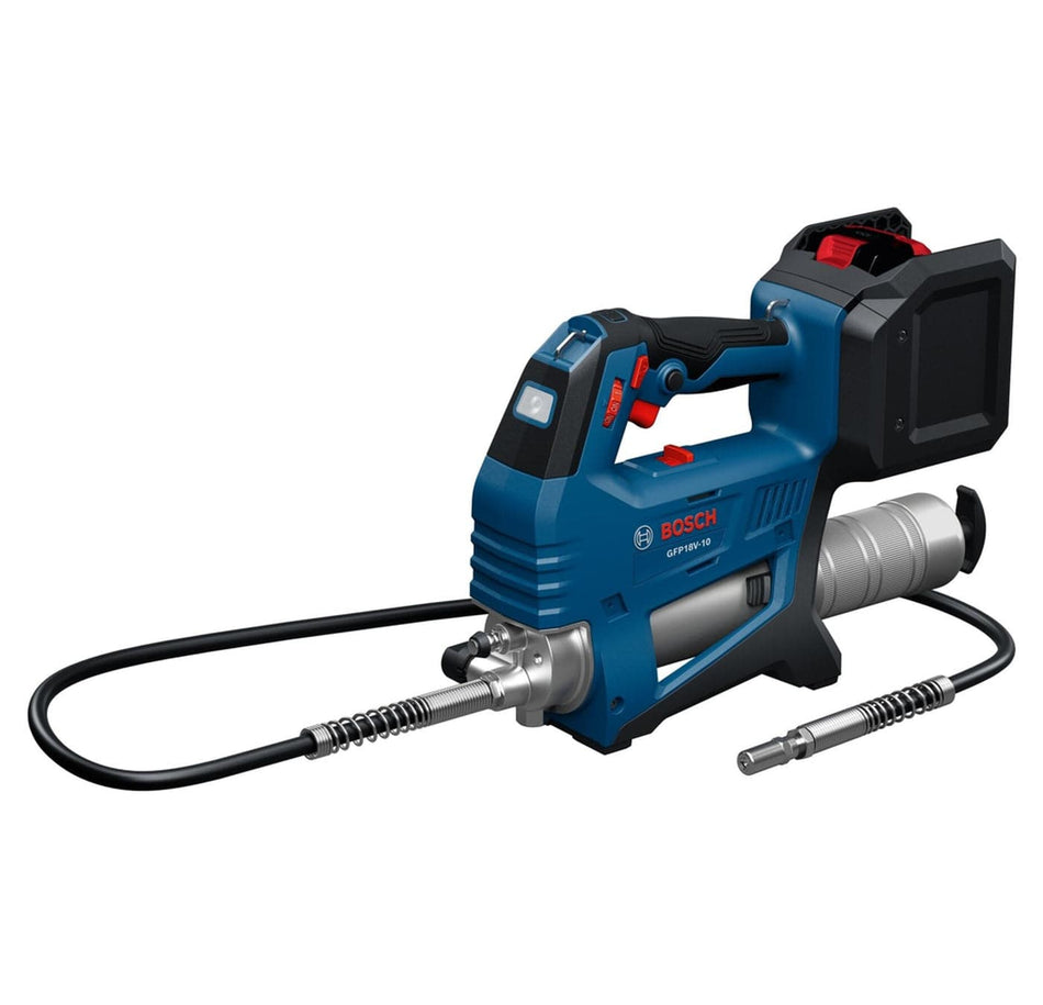 A professional studio angled view of the Bosch GFP18V-10N 18V brushless grease gun featuring a durable blue housing, high-pressure flexible hose with spring guard, and an integrated battery cage for industrial drop protection.