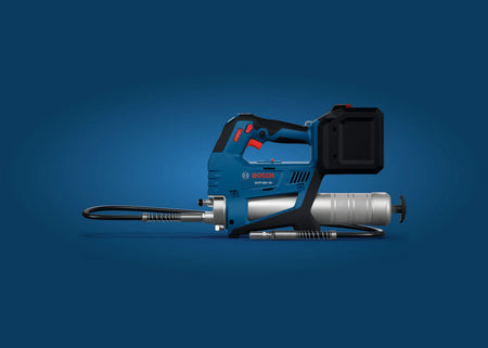 A studio product shot of the Bosch GFP18V-10N 18V brushless grease gun set against a professional blue background, highlighting its portable design, 10,000 PSI high-pressure hose, and integrated battery protection cage.