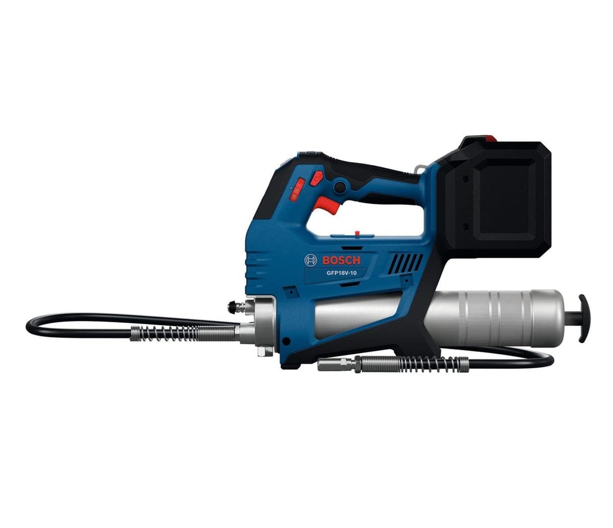 A direct side profile of the Bosch 18V cordless grease gun highlighting the ergonomic handle, variable speed trigger, and the 14oz capacity aluminum grease barrel with a heavy-duty plunger rod.
