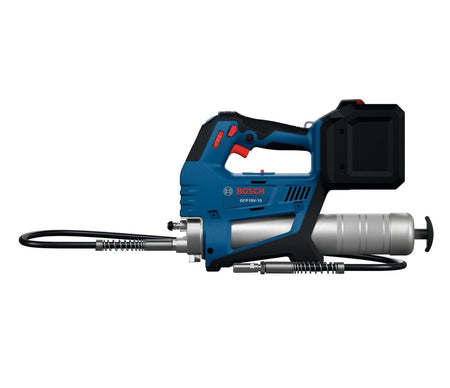 A direct side profile of the Bosch 18V cordless grease gun highlighting the ergonomic handle, variable speed trigger, and the 14oz capacity aluminum grease barrel with a heavy-duty plunger rod.