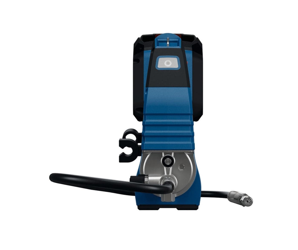 A front-facing view of the Bosch GFP18V-10N focusing on the integrated LED work light and the specialized coupler storage clips designed for organized high-pressure greasing operations.