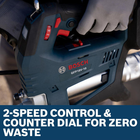 A close-up view of the 2-speed control switch and pre-set counter dial on the Bosch grease gun, illustrating how operators can fine-tune dispensing amounts for precision lubrication and zero waste.