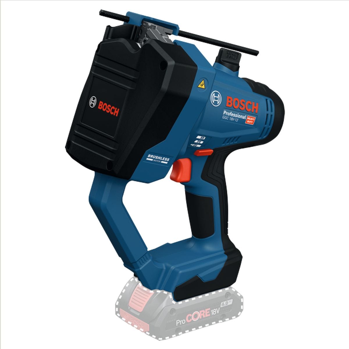 A clean profile studio product catalog shot of the standalone Bosch GGC18V-12N 18V Max Brushless Threaded Rod Cutter isolated against a solid white background. The image clearly showcases the heavy-duty blue and black tool housing, the red power trigger, the integrated multi-size cutting die assembly on top holding a short rod sample, and an ergonomic handle base where a faded translucent outline indicates the attachment path for an 18V Core18V lithium-ion battery.