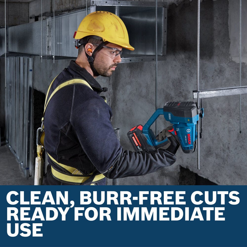 A commercial contractor outfitted with a safety harness and yellow hard hat utilizing the Bosch GGC18V-12N brushless rod cutter bare tool to make precise overhead drops. Working inside an open ceiling bay beneath ventilation ductwork, the installer shears vertical steel hanging rods cleanly, accompanied by a lower high-conversion marketing banner that reads Clean, burr-free cuts ready for immediate use.