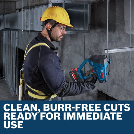 A commercial contractor outfitted with a safety harness and yellow hard hat utilizing the Bosch GGC18V-12N brushless rod cutter bare tool to make precise overhead drops. Working inside an open ceiling bay beneath ventilation ductwork, the installer shears vertical steel hanging rods cleanly, accompanied by a lower high-conversion marketing banner that reads Clean, burr-free cuts ready for immediate use.