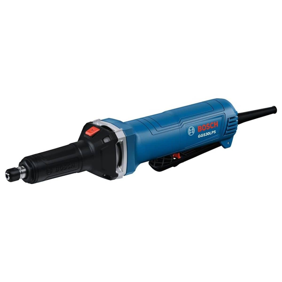 An isolated product studio three-quarter view of the complete Bosch GGS30LPS Professional corded straight die grinder set against a clean white background, showcasing its extended slim black long-nose spindle housing, non-lockable black PROtection paddle switch on the underbelly, integrated red safety lock button, and blue motor handle chassis with an attached power cord.