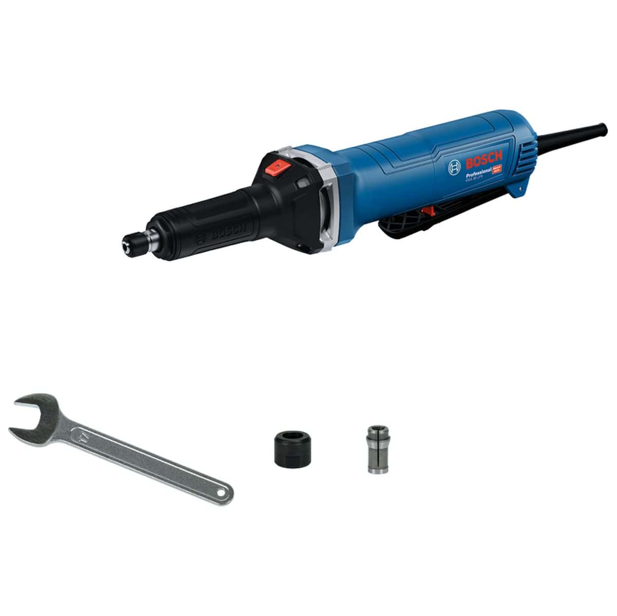 A complete product kit layout on a plain white background showing the Bosch corded straight die grinder side-by-side with its included maintenance accessories below it, featuring a silver steel single-ended service spanner wrench, a black clamping nut, and a precision steel collet sleeve insert.