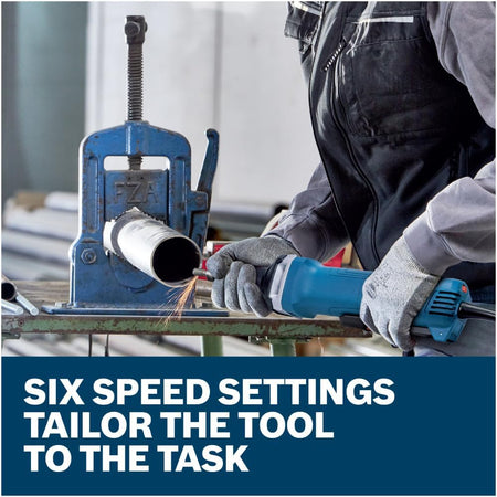 An operational action view of a technician using the long-nose Bosch die grinder to smooth out the internal edge cuts of a steel cylinder pipe secured in a metal bench vice, capturing a stream of bright orange friction sparks spraying from the grinding tip.