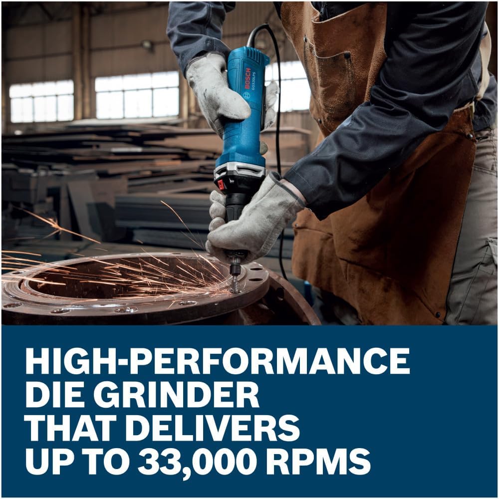 An industrial application shot showing an operator using the high-performance Bosch straight die grinder to clean out and debur structural bolt hole orifices along a massive heavy metal pipe flange connection ring on a workshop floor.