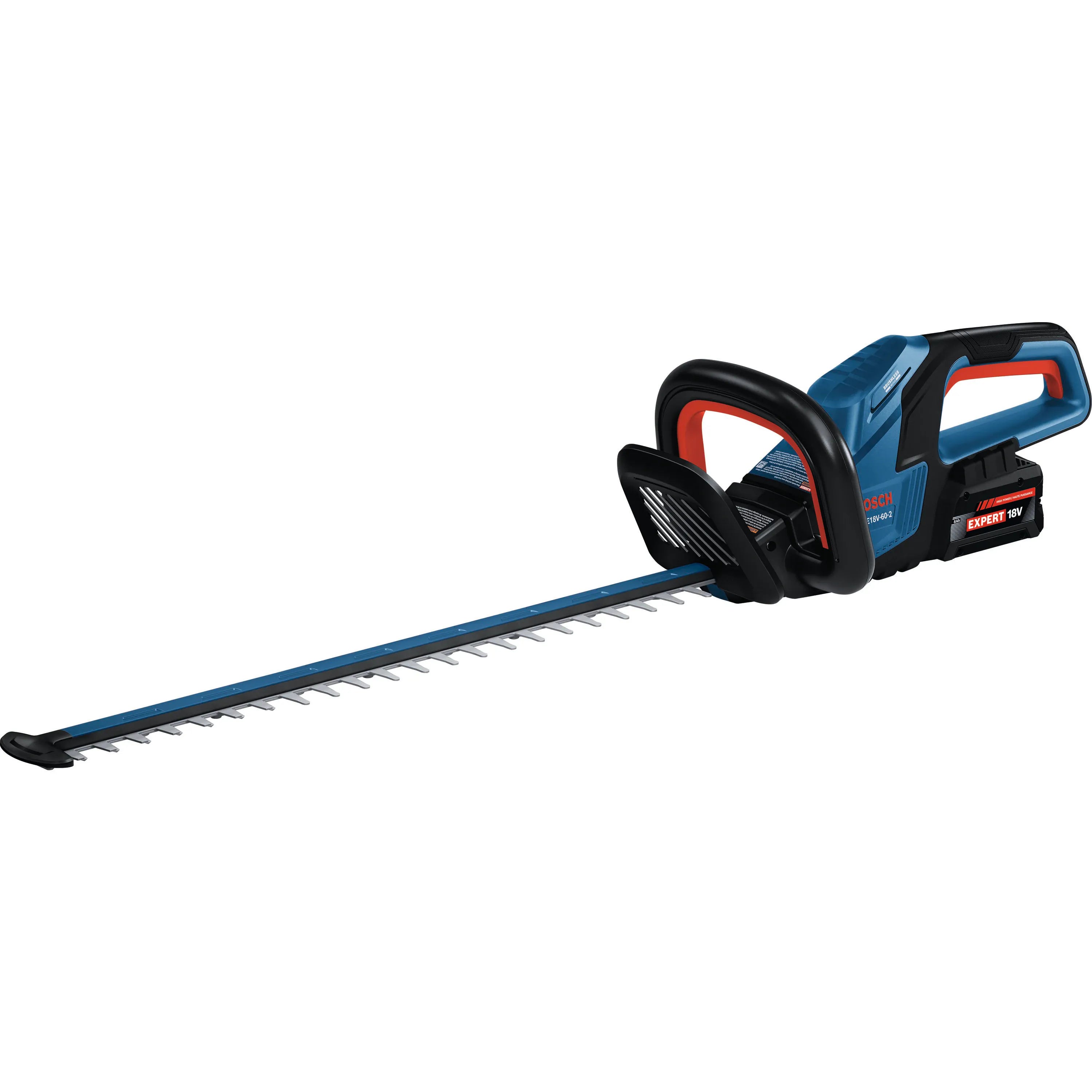 An isolated product studio three-quarter view of the complete Bosch 18V brushless cordless hedge trimmer set against a clean white background, showcasing its extended 24-inch dual-action diamond-ground cutting blade, the black wrap-around loop handle with an integrated red trigger bar, and an attached 18V battery pack slotted into the rear receiver.