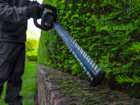 An operational action shot of a landscaper wearing dark work trousers and gloves using the Bosch cordless hedge trimmer to square off the side of a tall, dense green yew hedge row, guiding the 24-inch dual-action blade precisely parallel along a mossy brick retaining wall.