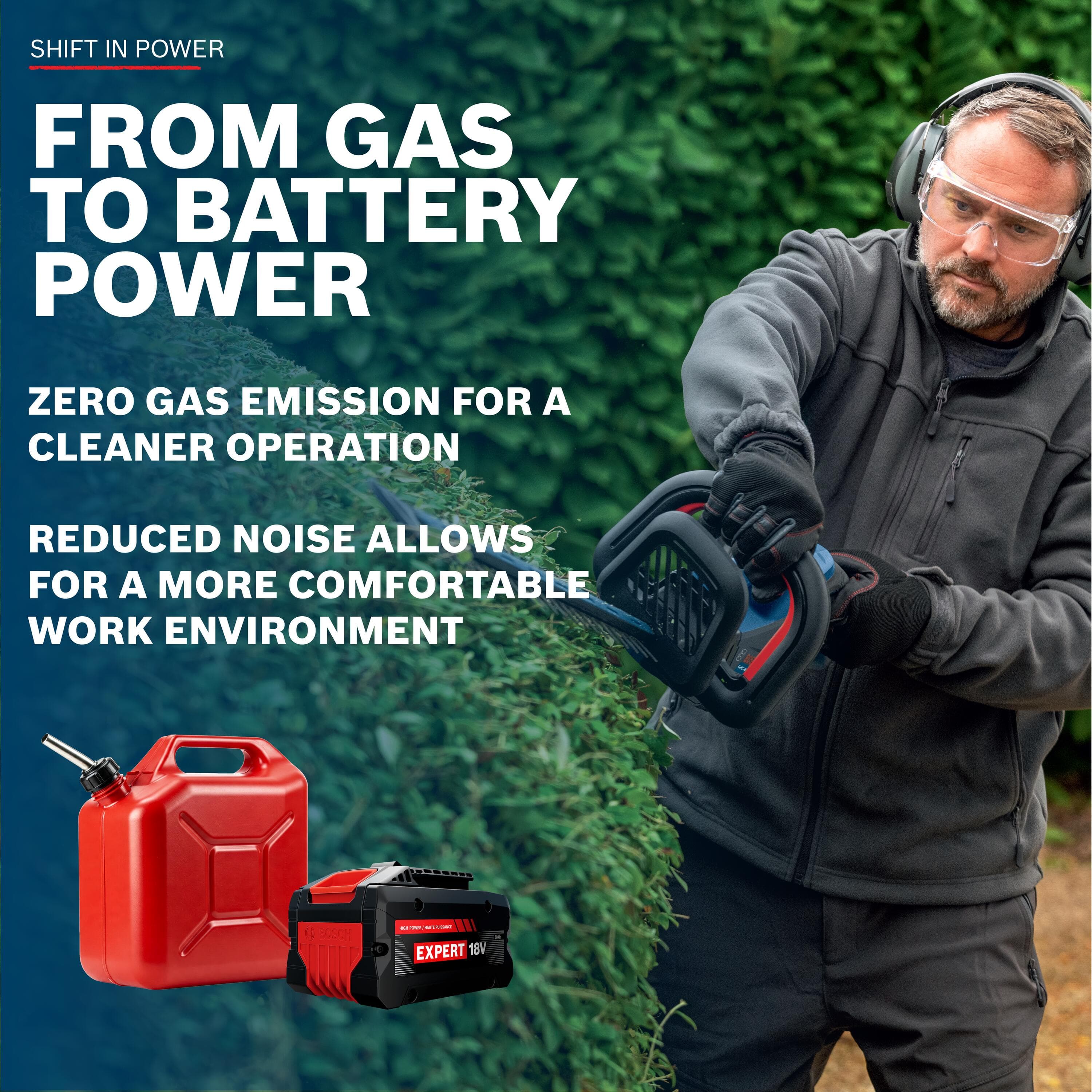 A comparison marketing graphic showcasing a landscape worker operating a quiet cordless Bosch trimmer next to large text reading FROM GAS TO BATTERY POWER, featuring an illustration of a red gasoline fuel can placed side-by-side with an 18V lithium-ion battery pack over bullet points emphasizing zero gas emissions and reduced noise.