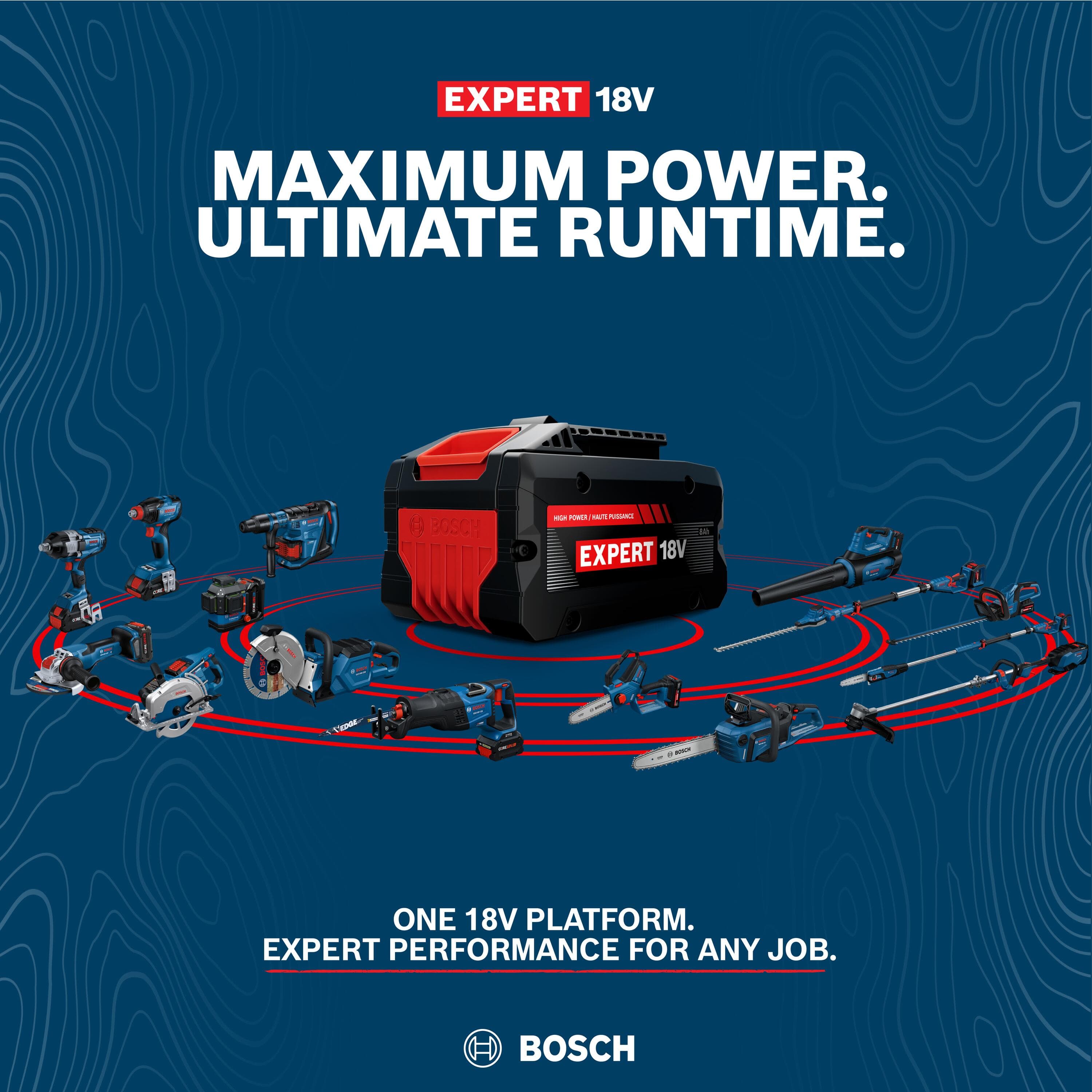 A technical platform compatibility matrix chart set on a deep blue topo-line background with a red header reading EXPERT 18V MAXIMUM POWER ULTIMATE RUNTIME, showcasing an 18V lithium-ion battery pack centered inside two concentric red glowing rings that link to over a dozen different cordless Bosch power tools, including circular saws, angle grinders, reciprocating saws, and outdoor leaf blowers.