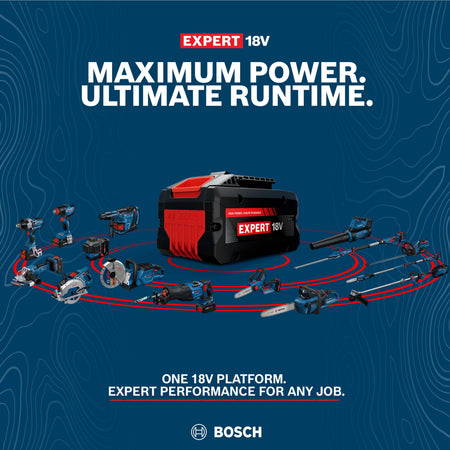 A technical platform compatibility matrix chart set on a deep blue topo-line background with a red header reading EXPERT 18V MAXIMUM POWER ULTIMATE RUNTIME, showcasing an 18V lithium-ion battery pack centered inside two concentric red glowing rings that link to over a dozen different cordless Bosch power tools, including circular saws, angle grinders, reciprocating saws, and outdoor leaf blowers.