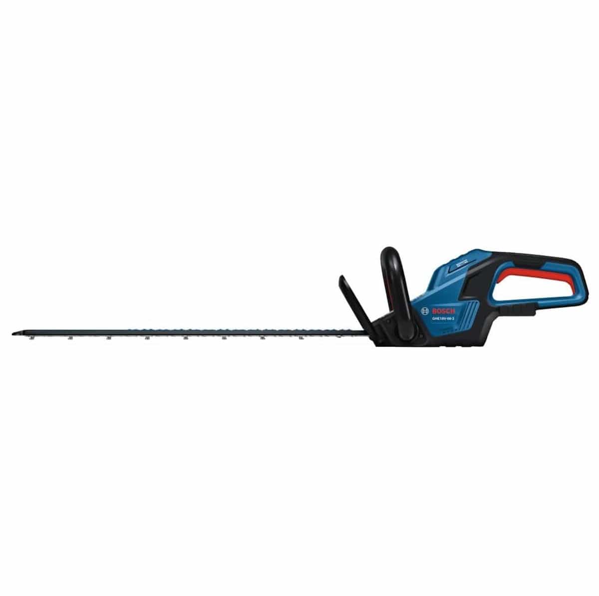 An isolated product studio profile shot showing the full left-hand side of the Bosch GHE18V-60-2 hedge trimmer balanced horizontally against a clean white background, showcasing the elongated proportions of its slim 24-inch dual-action blade assembly relative to the compact blue and black brushless motor chassis.