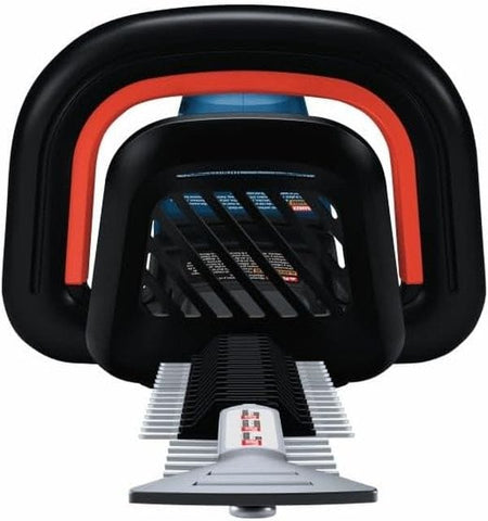 A straight front-facing studio perspective shot looking directly down the spine of the silver 24-inch reciprocating blade array toward the black protective debris guard shield, showing the layered symmetric arrangement of the cutting teeth below the red-accented wrap-around loop handle.