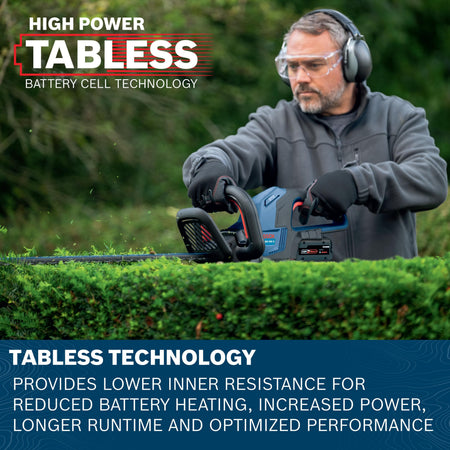 A close-up action shot of a landscaper wearing eye protection and noise-dampening earmuffs holding the Bosch hedge trimmer horizontally to shave across a low decorative boundary shrub, framed below a red-accented graphic reading HIGH POWER TABLESS BATTERY CELL TECHNOLOGY and above a blue banner explaining tabless cell performance benefits.